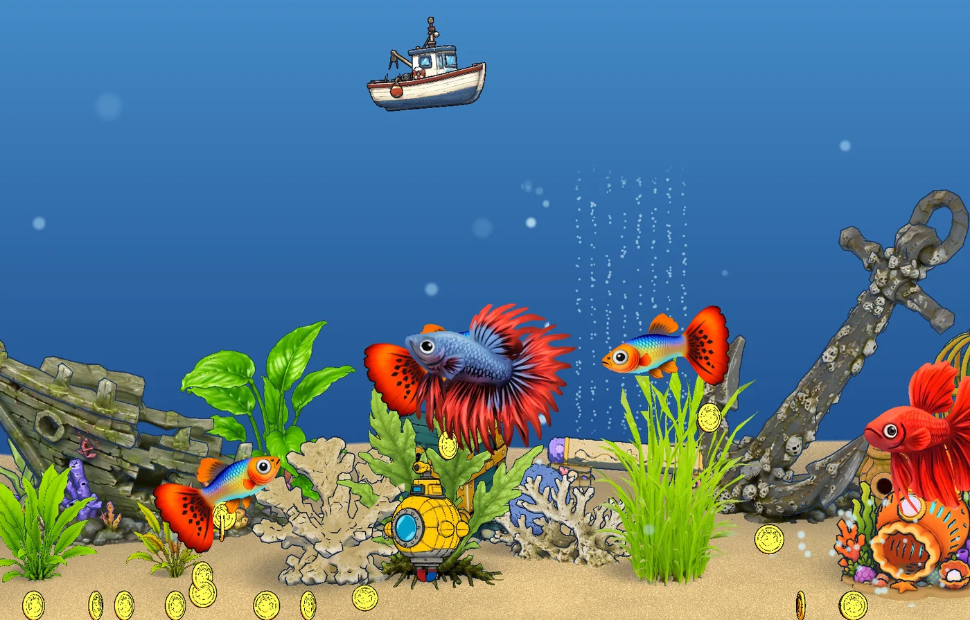 An aquarium with a crown betta and guppies among tall plants, an anchor and a sunken wreck